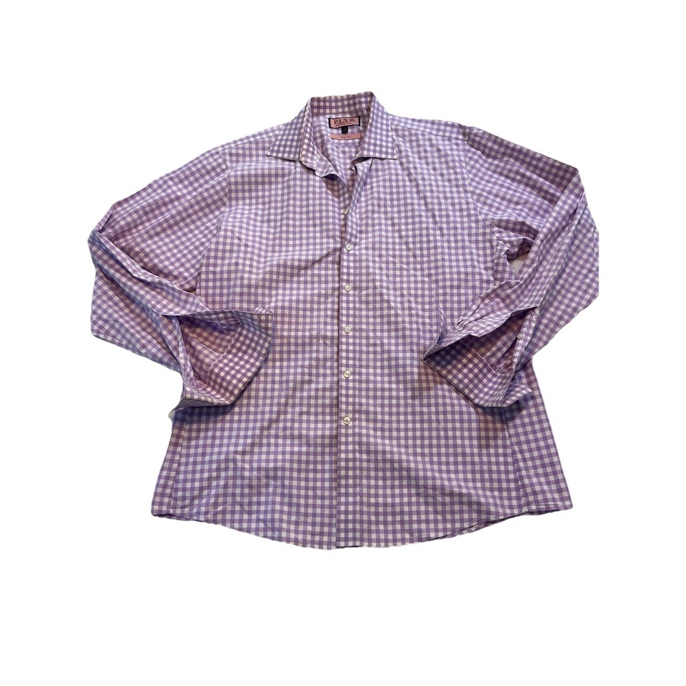 Thomas Pink Men's Purple & White Stripe Dress Shirt 17.5 Traveller Slim Fit